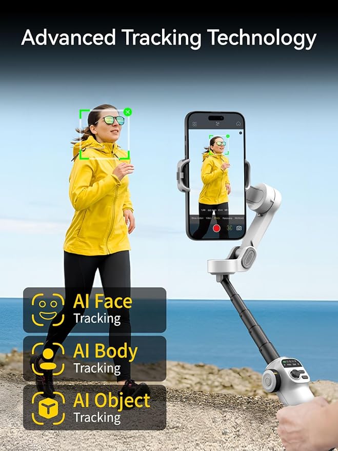 AOCHUAN Gimbal Stabilizer for iPhone, Phone Gimbal with Face/Object Tracking for Vlog Recording, 3-Axis Phone Stabilizer with 7.8' Extension Rod and OLED Display for iPhone/Android-Smart X2 White