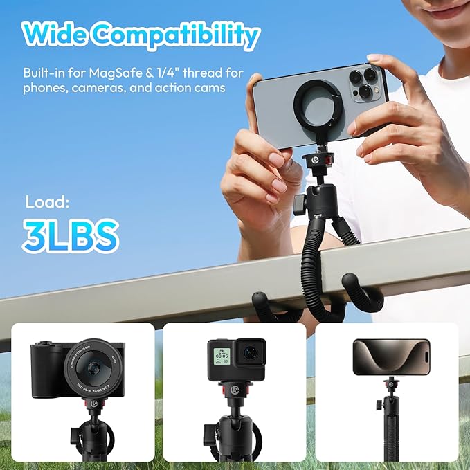ULANZI MT30 Magnetic Flexible Tripod for iPhone 17-12 Series with 1/4" Thread, Mini Bendable Phone Holder Stand for MagSafe & Cameras, Octopus Mini Tripod Mount for Creative Shooting & Video Recording