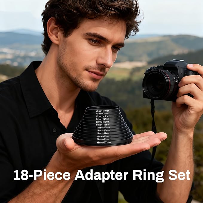 37-82mm Step Up Ring Adapter Filter, Metal Camera Lens Filter Adapter Ring Set Universal Black Stepping Rings Fits 37mm Lens to 82mm UV/CPL/ND Filters (9PCS Step Up Rings(37-82))