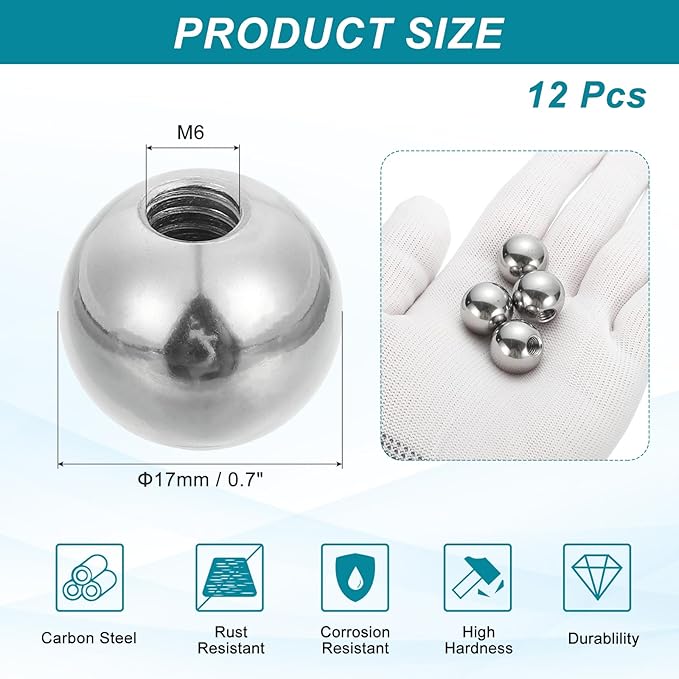 PATIKIL 12Pcs 17mm Ball Nuts Knob, M6 UNC Female Threaded Steel Swivel Ball Joint Adapter Converter for Super Clamp Camera Hot Shoe Mount Light Tripod Phone Holder, Silver