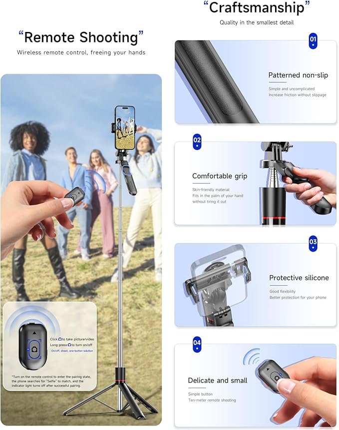 Gimbal Stabilizer - Master Every Move, 67" Selfie Stick Tripod for iPhone, Extendable Travel Tripod with 360° Panoramic Shot with Remote, Foldable Phone Stand for iPhone/Android