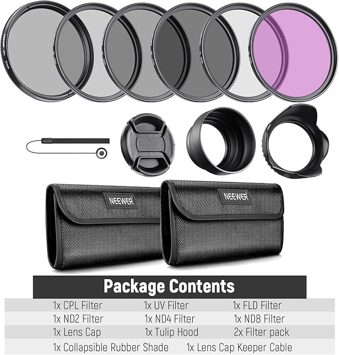 NEEWER 37mm Lens Filter Kit: UV, CPL, FLD, ND2, ND4, ND8, Lens Hood and Lens Cap Compatible with Canon Nikon Sony Panasonic DSLR Cameras with 37mm Lens