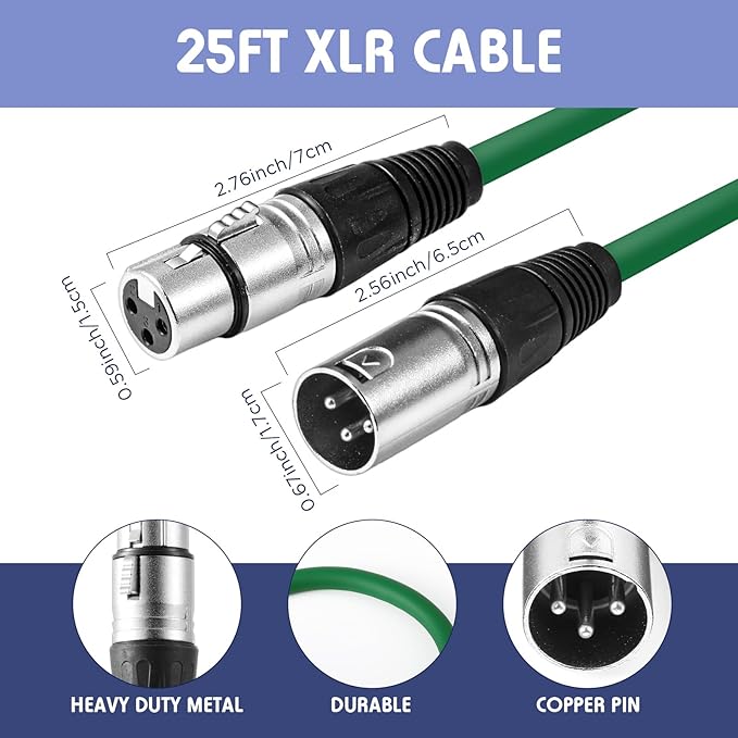 6 Pack 25 ft Bright XLR Cables 3 Pins Balanced XLR Microphone Cable to Male to Female Mic Cable for Microphone, Mixer, Recording Studio, Podcast