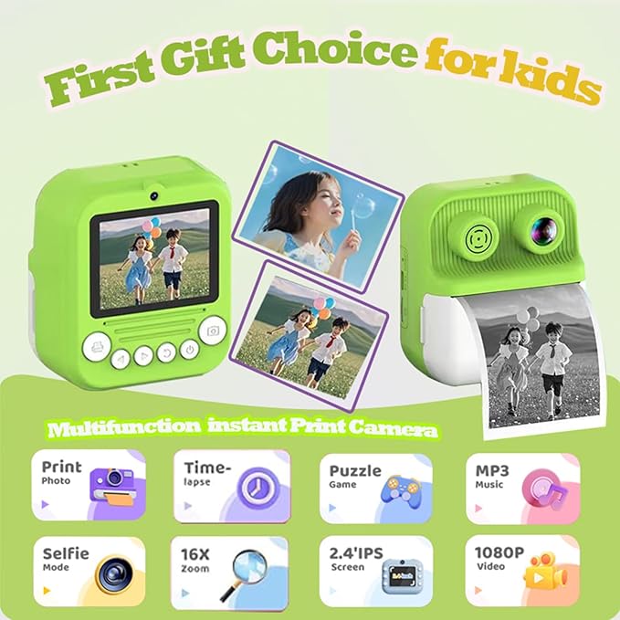 Dual-Lens Instant Print Camera for Kids, 48MP Thermal Instant Printing Camera with 2.4 Inch IPS Screen for Toddler, Boys Girls Christmas Birthday Gifts Photo Printer with 64GB SD Card (Green)