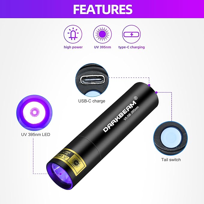 DARKBEAM UV Flashlight 395nm Light Blacklight, Mini But Powerful Woods Lamp USB-C Rechargeable, LED Ultraviolet Flashlights Pocket Pet Urine Detector for Mineral, Uranium Glass, Cured Resin