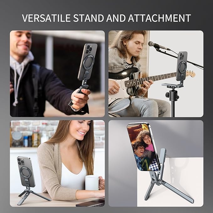 Magnetic Phone Tripod Mount,Aluminium Mini Tripod Pocket Cell Phone Stand with Cold Shoe Mount, 1/4" Screw & Foldable Hook Compatible for iPhone 12/13/14/15/16 & MagSafe Cases