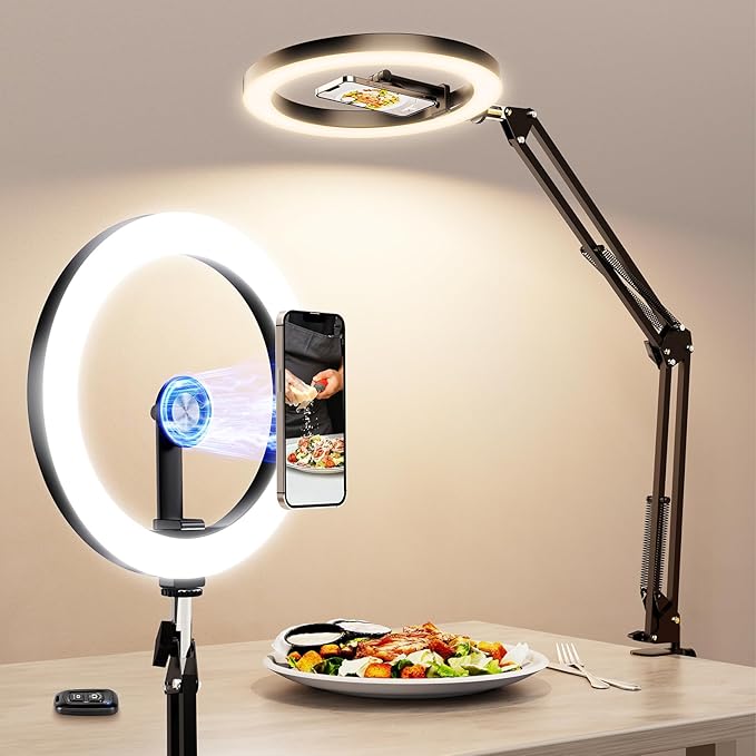 Magnetic Ring Light with Stand with Phone Holder,Overhead Phone Mount for Desk,10" LED Tripod for iPhone with Ring Light and Remote,Phones Stand for Video Recording,Live Streaming,Cooking Video