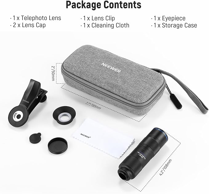 NEEWER 400mm Telephoto Phone Camera Lens with 17mm Threaded Lens Clip, 70cm Minimal Macro Focus Distance, Shot on 2X Zoom, for Backplate, Phone Cage, Case Compatible with iPhone Samsung Android, LS-78