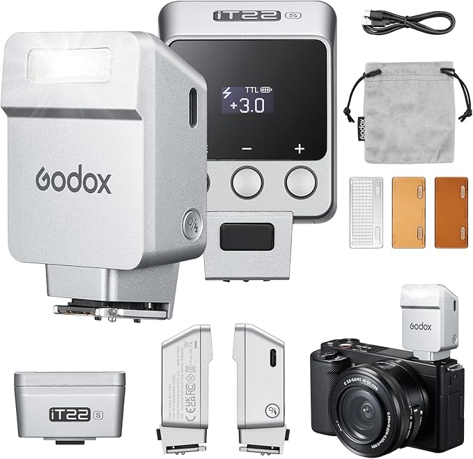 Godox iT22 S Mini Flash - iT22S Camera Flash for Sony with 7.4V 300mAh Battery Manual/TTL Modes 700+Flashes 1.5s Recycle Hot Shoe Flash with Diffuser/Color Filters Accessories for Sony Camera (Silver)