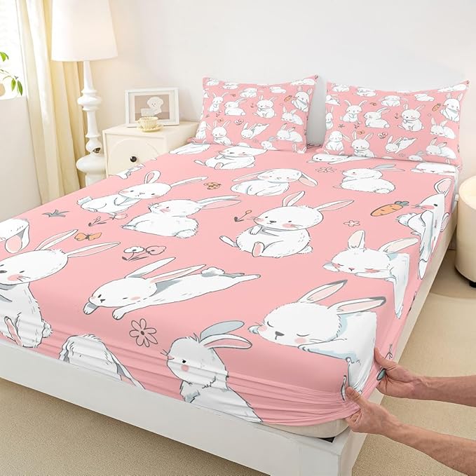 Erosebridal Cute Rabbit Sheet Set Cartoon Bunny Rabbit Pink Fitted Sheet Groovy Flowers Print Bed Sheets Easter Decor Flat Sheet for Kids Boys Girls Twin Size with 1 Pillowcase