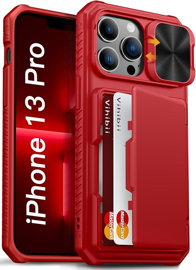 Vihibii for iPhone 13 Pro Case with Card Holder (4 Cards), [RFID Blocking] & Slide Camera Cover, Military Grade Drop Protection, Heavy Duty Shockproof Wallet Case for iPhone 13 Pro, 6.1" 2021, Red