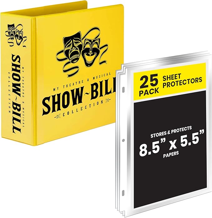 Showbill Binder with Display Sleeves, Holds 8.5” x 5.5” Broadway Programs, Includes 25 Clear Sheet Protectors, D-Ring Organizer for Theatre Memorabilia & Collectibles, Yellow