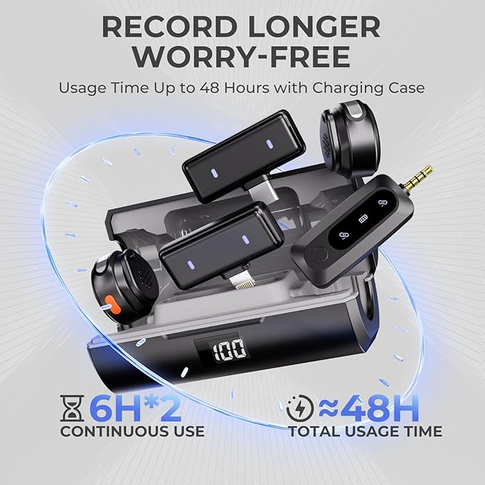 Moman Wireless Lavalier Microphone 3-in-1 Set for iPhone/Android/Camera/Laptop/PC, 48H Video Recording Active Noise Cancellation Lav Mic, Mini Clip/Magnetic Microphones for Lightning/USB-C/3.5mm