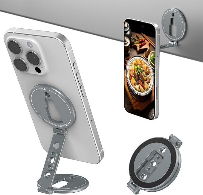VRIG Dual Magnetic Phone Holder, Ultra Thin Foldable 1/4" Screw Tripod Mount Compatible with Magsafe for iPhone 16 15 14 13 12, Car Dashboard/Gym Magnetic Phone Stand, MG-33
