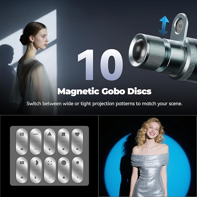 PHOTOOLEX PRO 12W RGB Photography Flashlight, 360 ° Full Color LED Portable Spotlight, Conical Optical Snoot Kit with 10 Metal Gobos/9000mAh/3 Lens/CRI 96+/12 Effects, LCD Display, APP Control