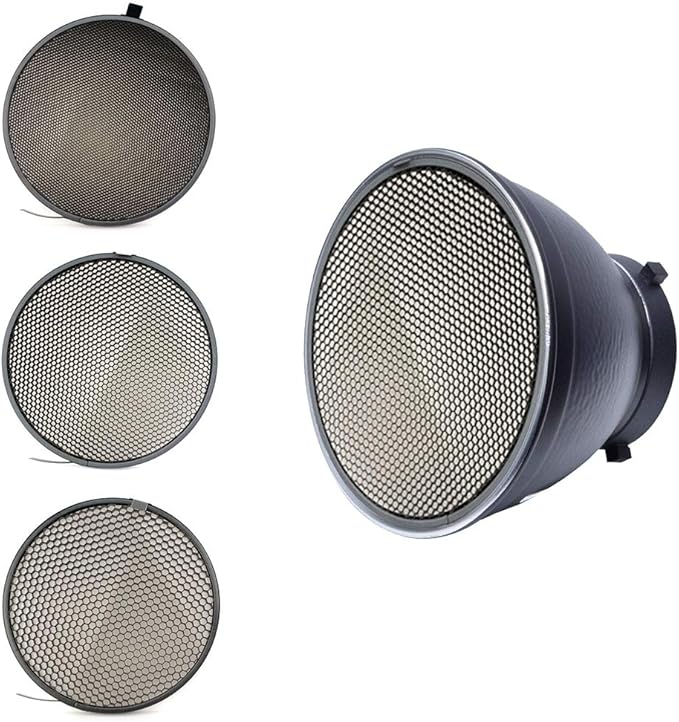 Fotoconic 7" Standard Reflector with 20, 40, 60 Degree Honeycomb Grid & Diffuser Sock for Bowens Mount Studio Strobe Flash Light