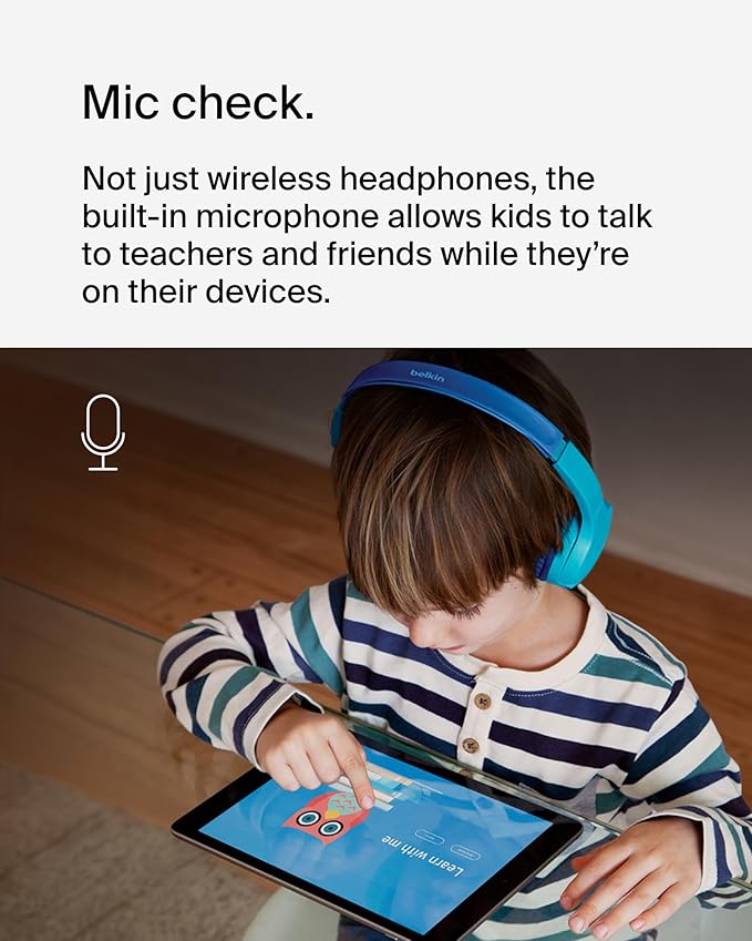Belkin SoundForm Mini - Wireless Bluetooth Kids Headphones, 30H Battery, 85dB Safe Volume Limit, Built-in Microphone - Toddler On-Ear Earphones for iPhone, iPad - Ideal for School - Blue w/Case