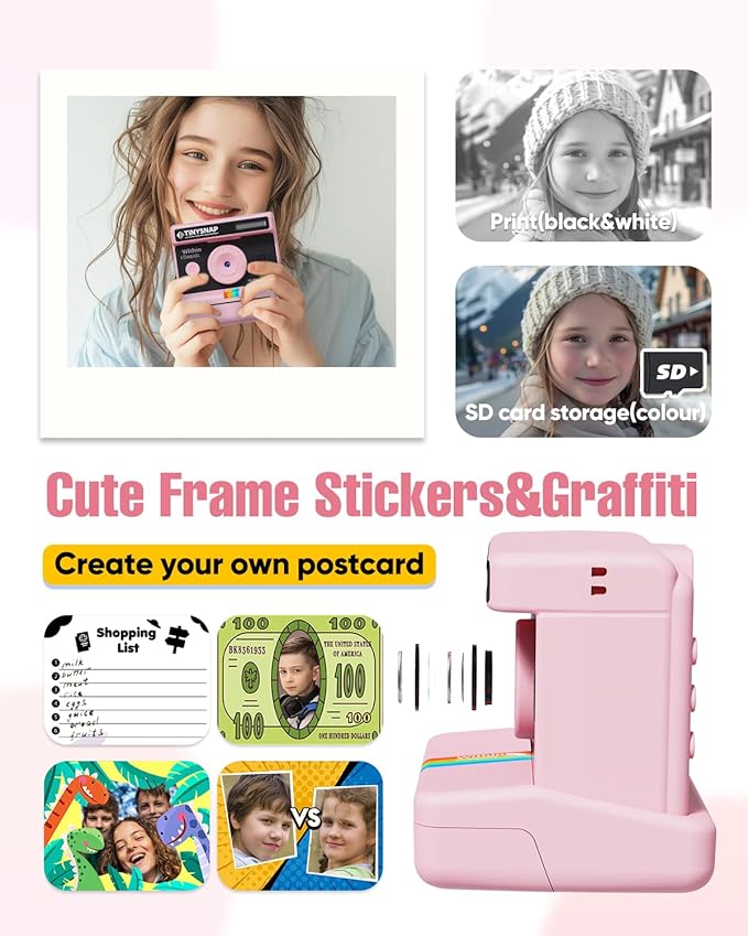 Instant Print Camera for Kids,2.4 Inch Screen Kids Instant Cameras, Christmas Birthday Gifts for Girls Age 3-12, Portable Toddler Toy for 3 4 5 6 7 8 9 10 Year Old Girls Boys (Pink)