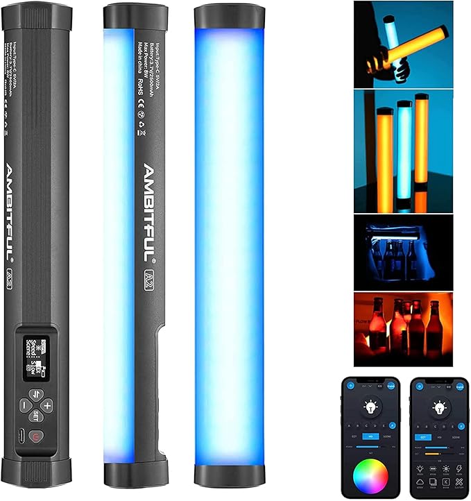AMBITFUL A2 RGB LED Light Wand -Full Color Magnetic Video Light Stick,Handheld Tube Light with 29 Effects, 2500-8500K, 2500mAh, CRI 95+ for Photography, YouTube, TikTok (A2)