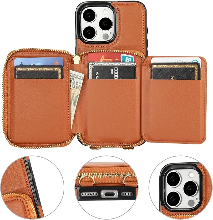 Bocasal RFID Blocking Wallet Case for iPhone 15 Pro Max, Adjustable Crossbody Zipper Purse Case Card Holder with Kickstand Detachable Wrist Strap, PU Leather Flip Folio Case 6.7 Inch 5G (Brown)