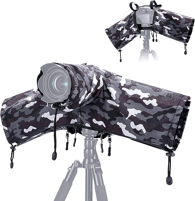 JJC Camera Rain Cover Sleeve for Canon Nikon Sony Fujifilm Mirrorless Camera with Lens Below 7.1x5.5x9.1” (WxHxD), Nylon Camera Rain Coat Protector with Zippered See Through Windows-Camouflage Gray