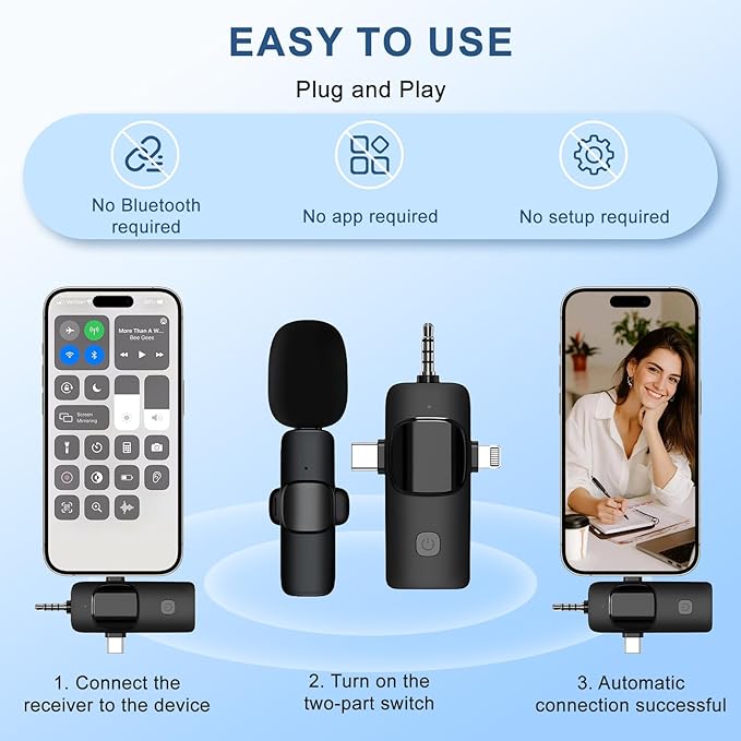 Labstandard 3-in-1 Wireless Lavalier Microphone for iPhone & Android - Studio Quality Sound with Noise Cancel, Plug & Play Mini Mic for Recording, Vlogging & Live Streaming