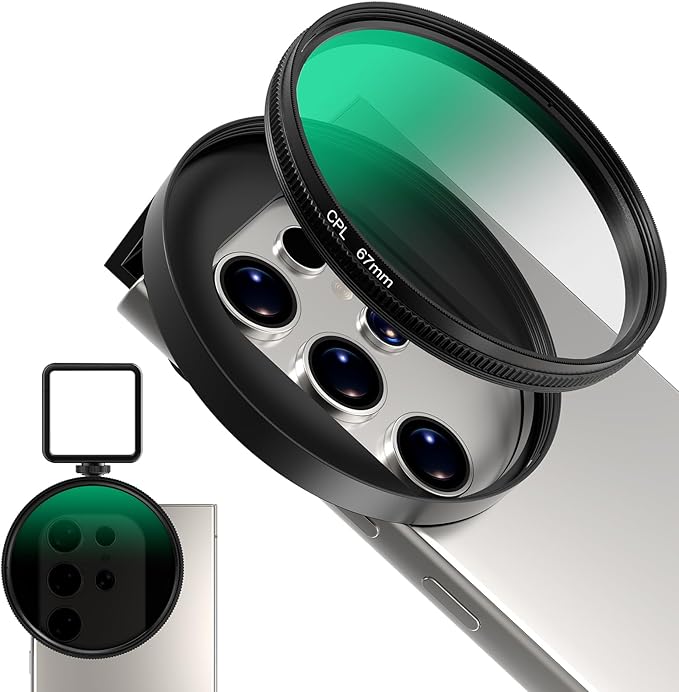 67mm CPL Filter for Phone, AR-Coated Polarizing Lens with Metal Cold Shoe Phone Clip, Circular Polarizer Filter Compatible with iPhone 16 15 14 Pro Max Plus Samsung Galaxy Moto Google TCL DSLR Cameras