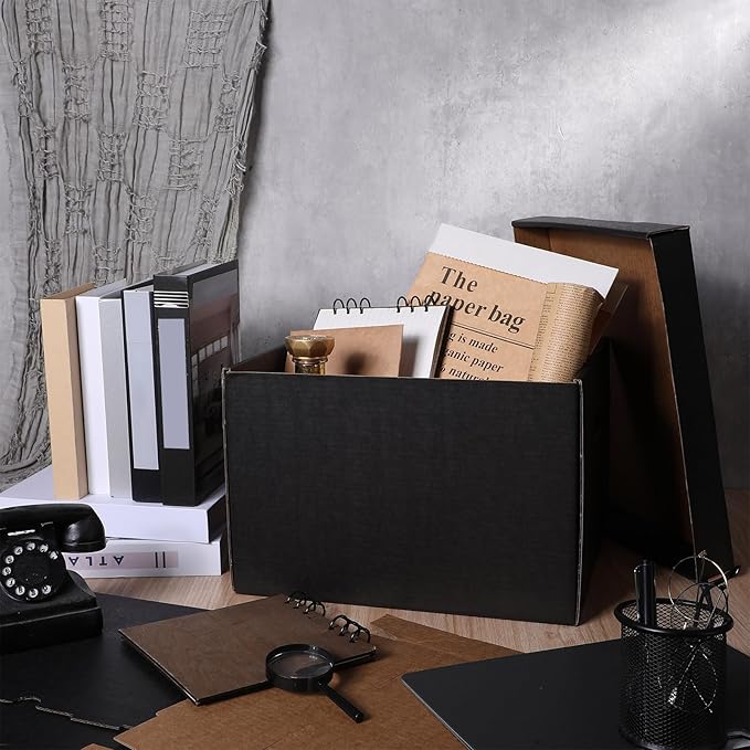 Kritkin 10 Pcs Archival Storage Cartons Bulk, 15 x 12 x 10 Inch Acid Free Buffered Corrugated Board Ready-To-Assemble Photo Storage Box for Storing Documents Magazines Photos Cards(Black)