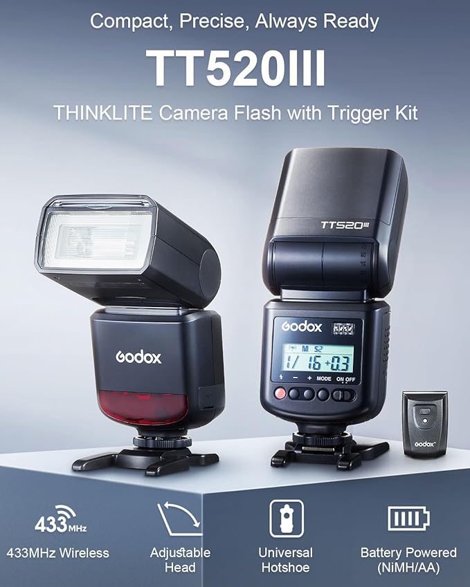 GODOX TT520 III TT520III Universal On-Camera Flash Speedlite with AT-16 433MHz Wireless Trigger Transmitter GN33 S1/S2 Modes for Canon Nikon Pentax Olympus Fujifilm Panasonic Cameras with Hot Shoe