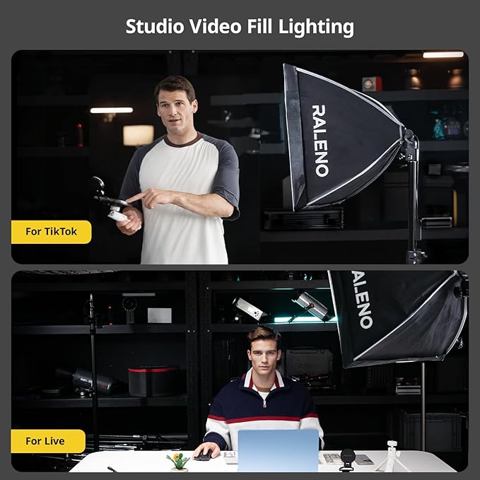 RALENO Softbox Photography Lighting Kit, 16'' x 16'' Softbox Lighting for TikTok with LED Bulb (50W | 5500K | 97 CRI | TLCI≥97), Continuous Light for Video Recording & Photography Shooting