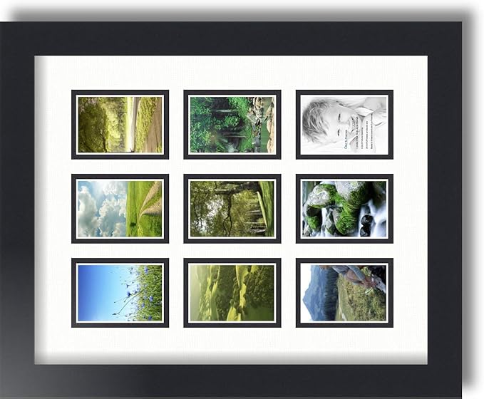 ArtToFrames Collage Photo Frame Double Mat with 9-2x3 Openings with Satin Black Frame and Fabric White mat.