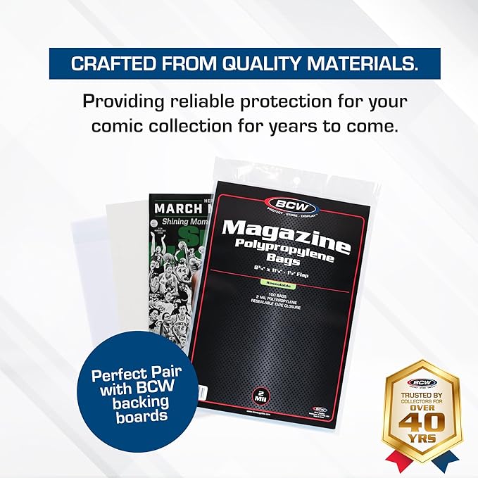 BCW Resealable Magazine Bags - 1 Pack of 100 | Acid-Free, Clear Polypropylene Sleeves for Archival-Quality Storage of Collectible Magazines | Protect and Showcase Your Valuable Comic Book Collection