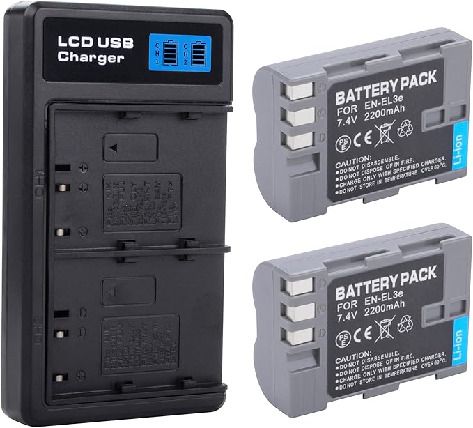 2-Pack EN-EL3e Battery with USB-C Dual Charger Compatible with Nikon D50, D70, D70s, D80, D90, D100, D200, D300, D300S, D700 Digital SLR Cameras 2200mAh