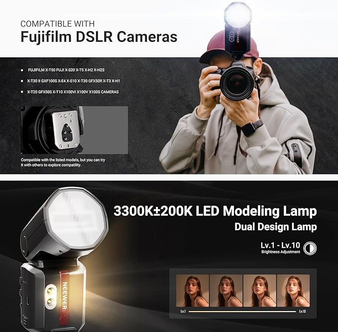 NEEWER 100Ws 2.4G TTL Hot Shoe Flash Speedlite Compatible with Fujifilm Cameras, Touch Screen, 1/8000s HSS, 2 Modeling Lamps, TTL/M Toggle, 3000mAh/500 Full Power Flash Studio Photography Light, Z3-F