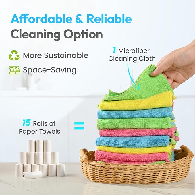 270GSM Thick Microfiber Cleaning Cloth 12"X12" - 12 Pack 4 Color Assorted Lint Free Kitchen Towels Lint Free Streak Free, Super Absorbent Reusable Multi Purpose Microfiber Towels for Cars