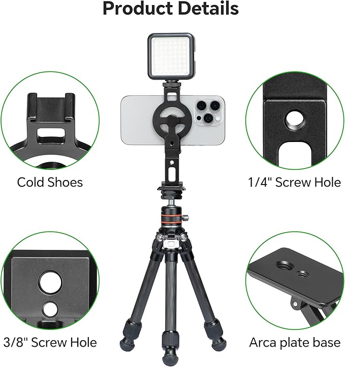 FANAUE Cell Phone Tripod Mount, Magnetic Aluminum Smartphone Stand Adapter with Cold Shoe Arca Swiss QR Base Plate,1/4" & 3/8'' Screw Phone Holder Mount for Video Live Streaming Vlogging