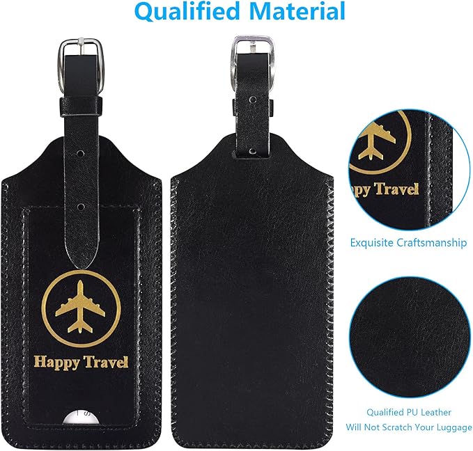 ACdream Luggage Tags 2 Pack, Leather Suitcase Tags Identifiers, Cute Cruise ID Labels with Privacy Cover fits on Backpack, Travel Bag, for Women, Men, Adults, Kids, Black