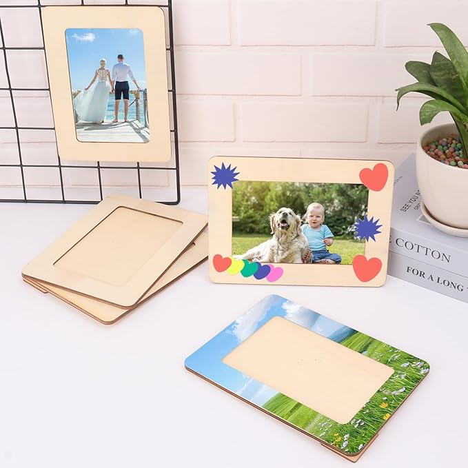 kukmakri 30 Pack Unfinished Wooden Picture Frames Set with 4x6 inch Photos, Wooden Frames for Crafts, Standing Postcard & Photos Picture Frame Set –Suitable for Crafts DIY, Souvenir decoration
