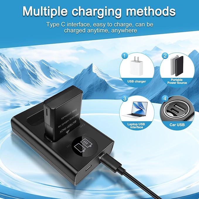 EN-EL14/EN-EL14a Battery Pack, 7.4V 2050mAh, with Dual Slot Fast USB Charger, for Nikon D5100 D3200 D5300 D3100 D5200 D3300 D5500 D3400 Df D3500 D5600 P7000 P7100 P7700 P7800 Digital Camera