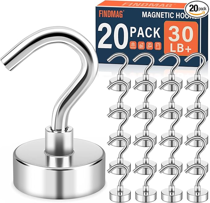 FINDMAG 20 Pack Magnetic Hooks for Cruise Cabins, 30 LB Strong Neodymium Magnets with Hooks, Rare Earth Magnetic Hook for Hanging in Classroom, Kitchen, Office, Camper, Home, Ship, Silver