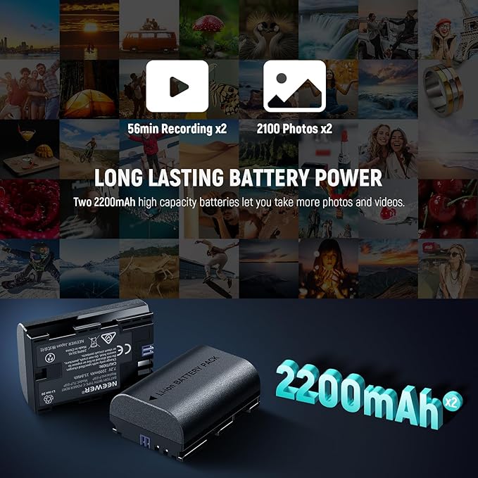 NEEWER Replacement Battery and Charger Set for LP-E6P/LP-E6NH/LP-E6N, 2 Pack 2200mAh Batteries and Dual Channel USB Charger, Compatible with Canon EOS R5II/R5/R6/R7/5DIV/6D/7D/60D/70D/80D/90D