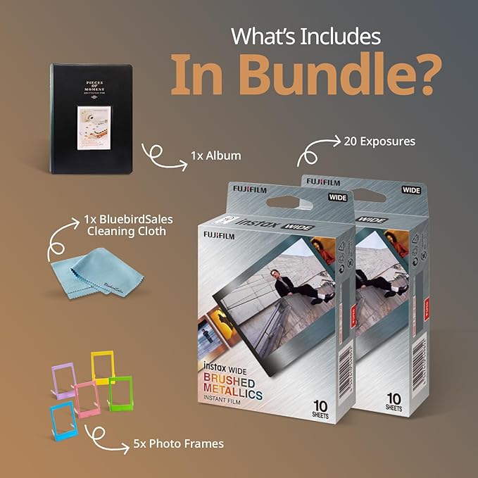 FUJIFILM INSTAX Wide Brushed Metallics Instant Film Bundle – 20 Exposures + Album, Photo Frames & BluebirdSales Cleaning Cloth