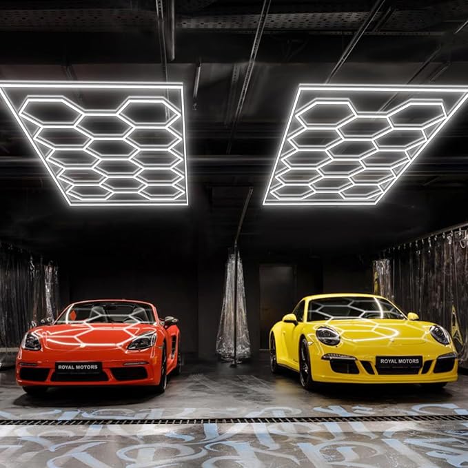 BRILLIHOOD Hexagon Garage Lights Honeycomb LED Hex Light, 672W, 80640LM, 6500K Super Bright, 14 Grid Systems Car Detailing Lights with Rectangular Frame for Garage Warehouse Workshop Basement Gym