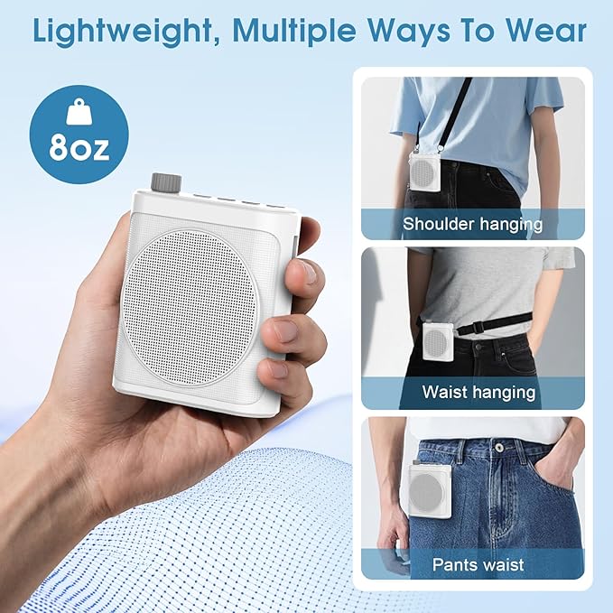 15W Wireless Voice Amplifier with 2 Magnetic Lavalier Mics & Noise Reduction - Bluetooth 5.3 PA System for Teachers, Tour Guide, Yoga - 15H Rechargeable Battery, Waist-Mount Design (White)