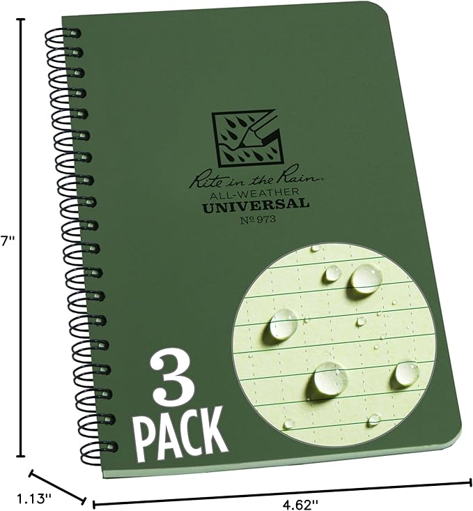 Rite in the Rain Weatherproof Side Spiral Notebook, 4.625" x 7", Green Cover, Universal Pattern, 3 Pack (No. 973L3)