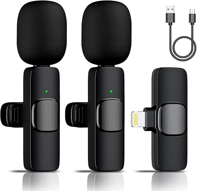 Wireless Microphone for iPhone iPad, Wireless Lavalier Microphone, Mini Mic Clip-on Microphones for Video Recording, Live Stream, Interview, Tiktok, Vlog, Podcast, YouTube, 2 Pack