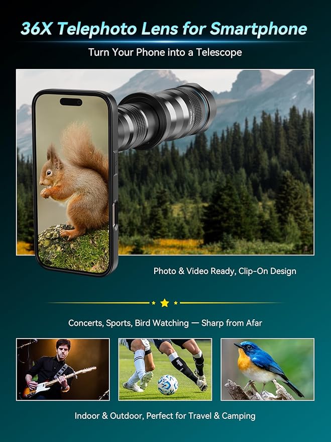 APEXEL 36x Telephoto Lens Compatible with iPhone 15 Pro | Photography for Travel, Birdwatching, Exploration | Kit with Sturdy Metal Tripod and Threaded Phone Case