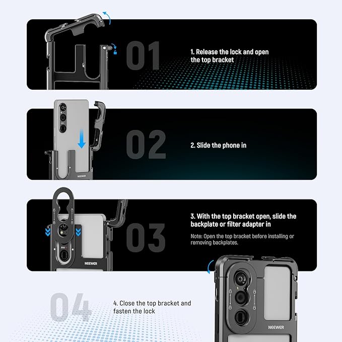 NEEWER Xperia 1 V Cage, Quick Release Video Rig Case Phone Stabilizer Holder for Recording Filming, 67mm Filter Adapter, 17mm Lens Backplate, T Mount Lens Backplate Compatible with Moment Sony, PA087