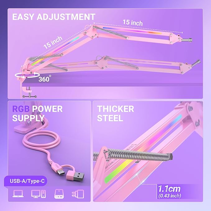 FIFINE Microphone Boom Arm, Metal Adjustable Mic Arm Stand with RGB Button, 3/8” to 5/8” Screw Adapter, Desk Mount Clamp, Suspension Scissor Mic Stand for Gaming Streaming Podcast-AmpliGame BM38P