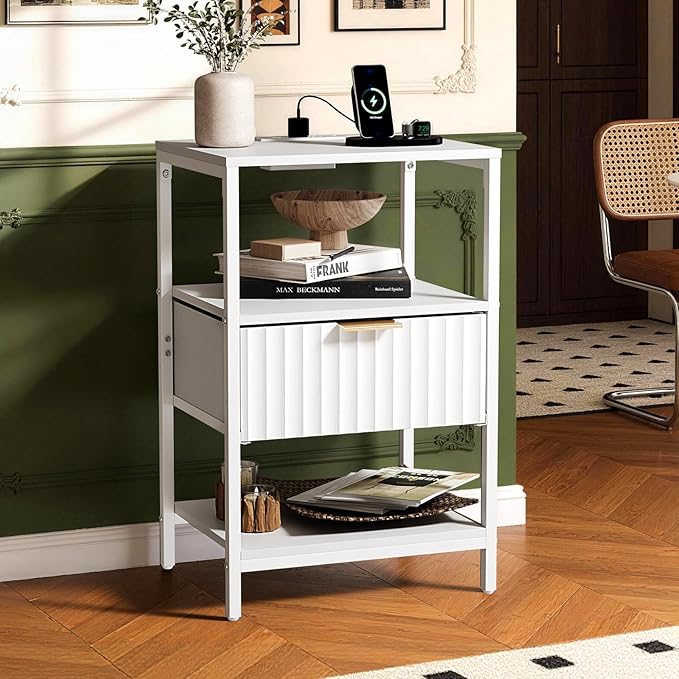 Bonnlo Fluted Nightstand with Charging Station, End Table with Fabric Drawer, Night Stand with Storage Shelf & Handle, Fluted Side Table for Bedroom/Living Room, White